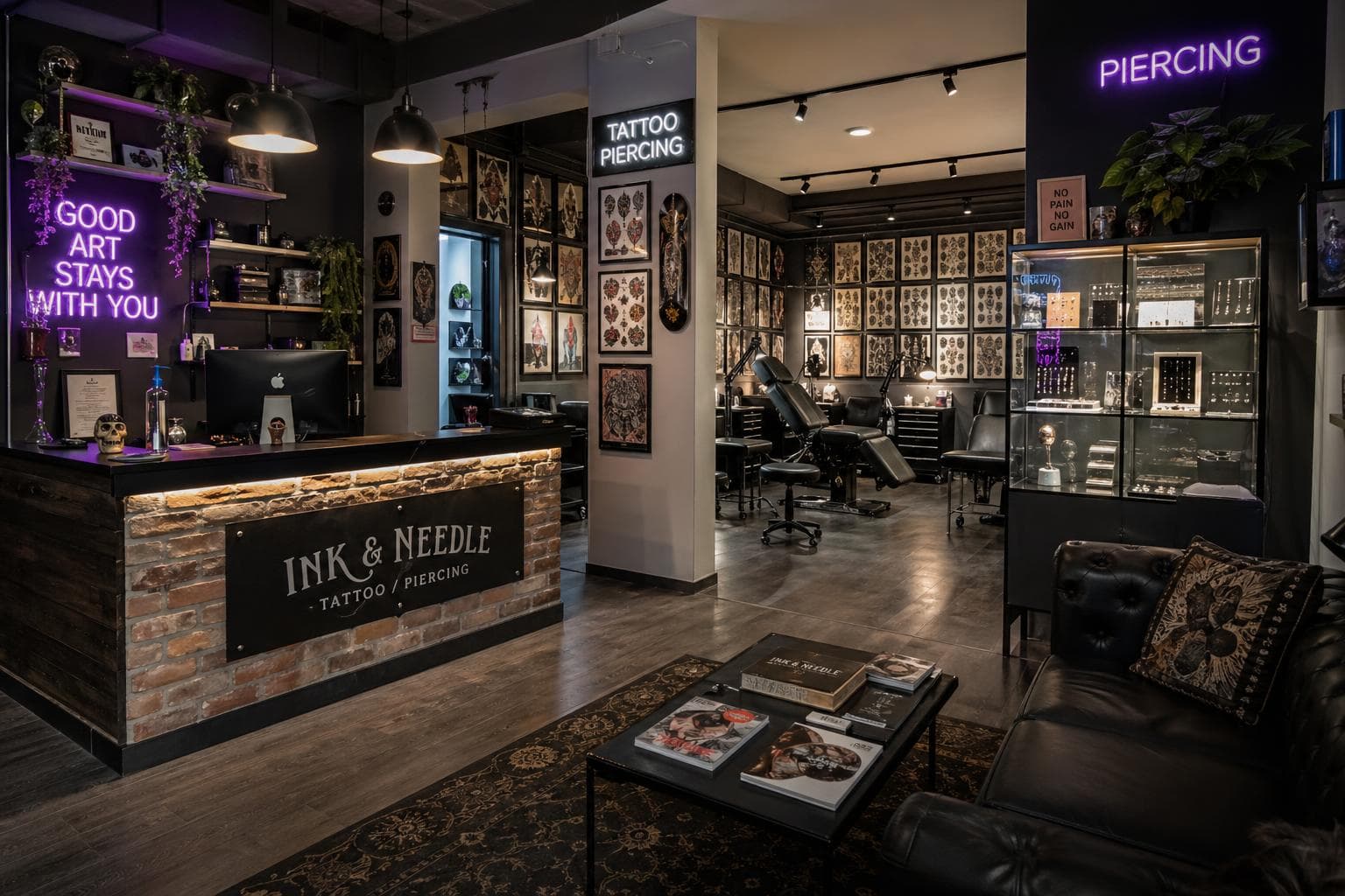AI generated: Fammi l'interno di un negozio di tatuaggi in cui si fanno anche piercing