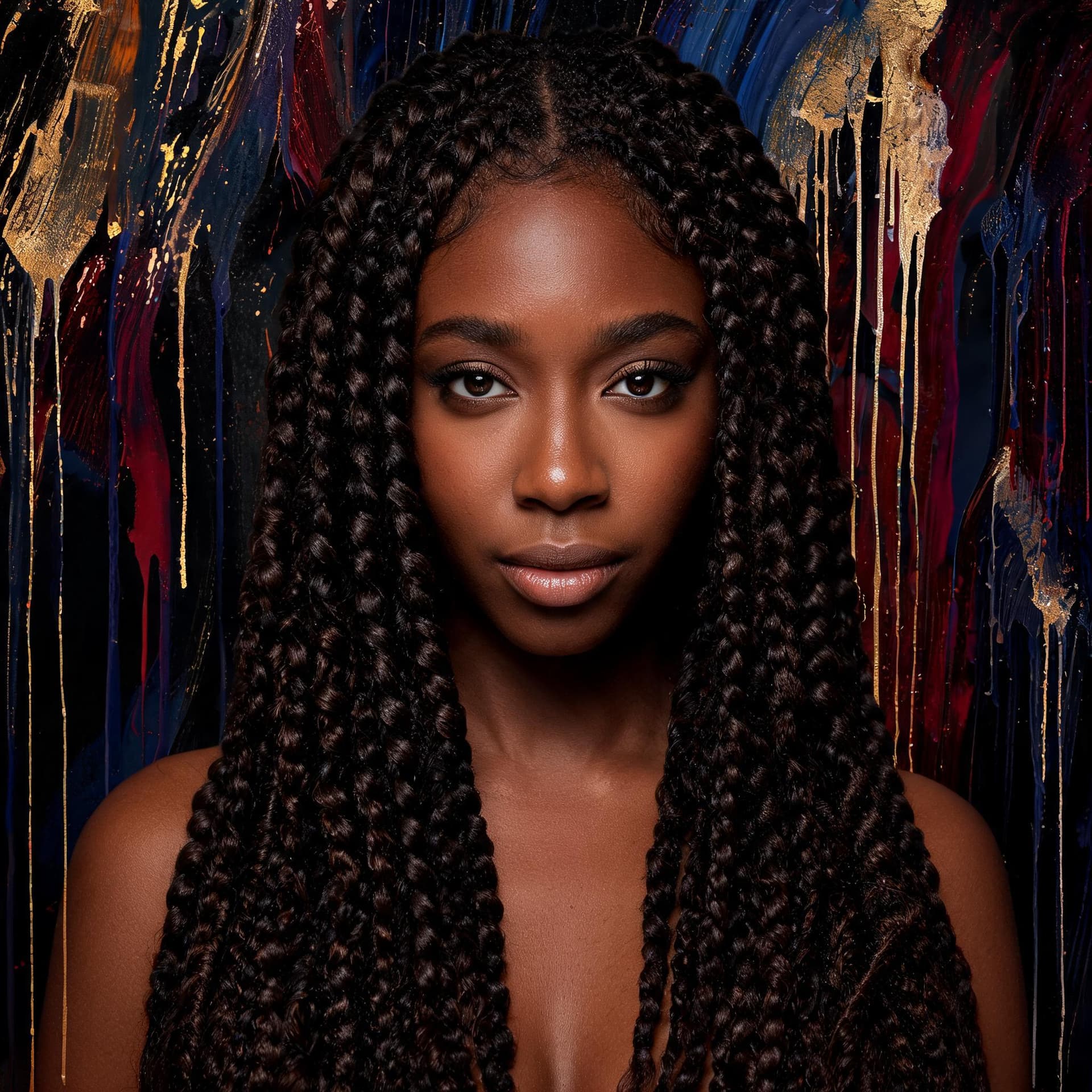 AI generated: dark-brown-skinned female with long twists portrait, arty background, drip art, contemporary, for ar...