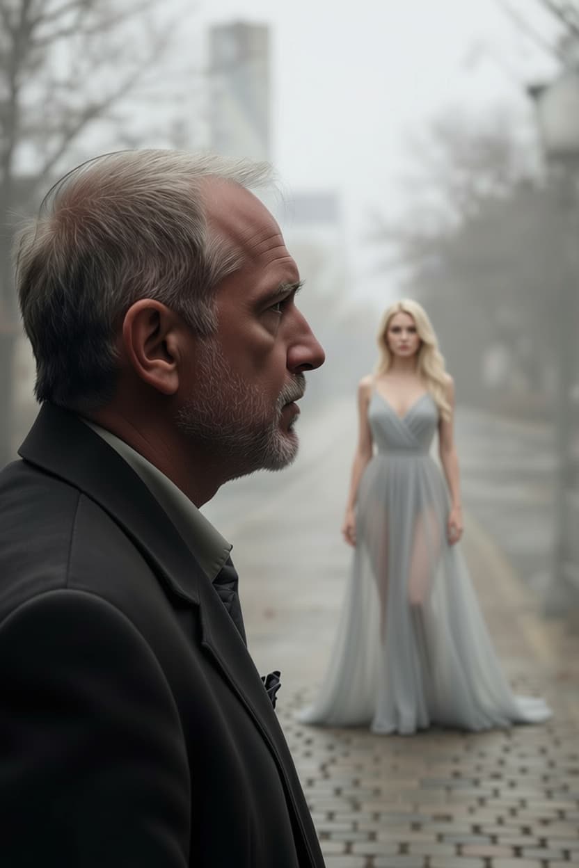 AI generated: a man in his 40s, disappointed in love, looks into the distance where a beautiful blonde woman dress...