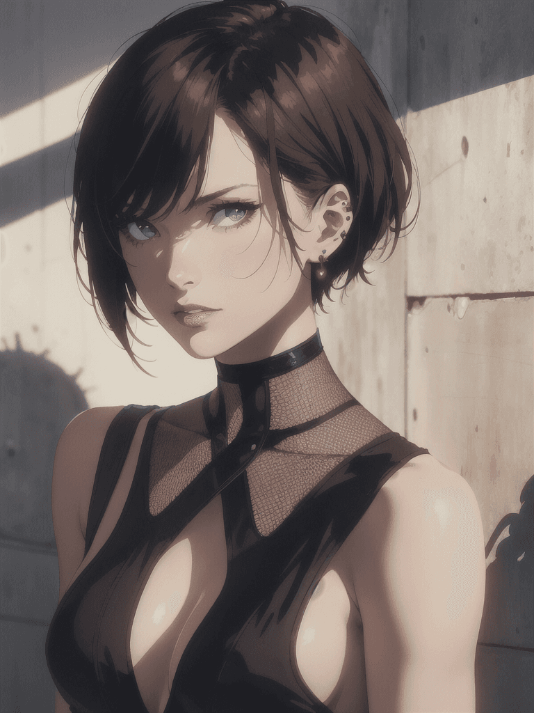 AI generated: A dramatic portrait of a young woman with a stylish haircut and piercing eyes. The photo is shot in ...