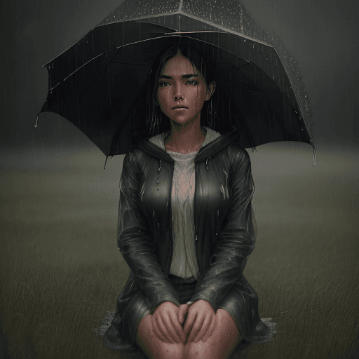 AI generated: a young woman under (rain:1. 5)  on knee in the (wet high grass:1. 5), (wet face:1. 5), rainy drops,...