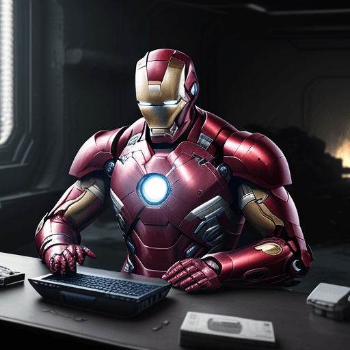 AI generated:  Realistic film ultratexture 4dx A man finds the secret lair of the iron man, there are all kinds of...