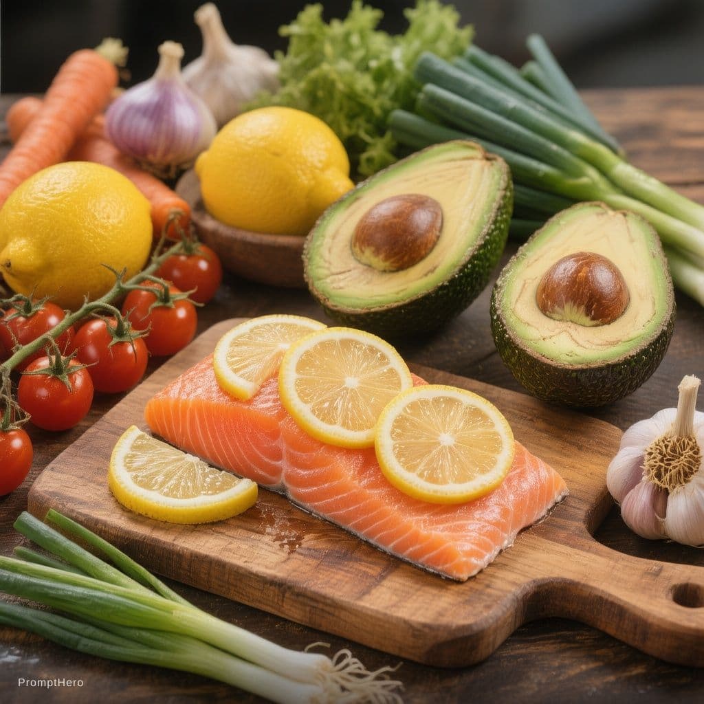 AI generated: Ultra realistic healthy food composition on a dark wooden table, fresh raw salmon fillets on a woode...
