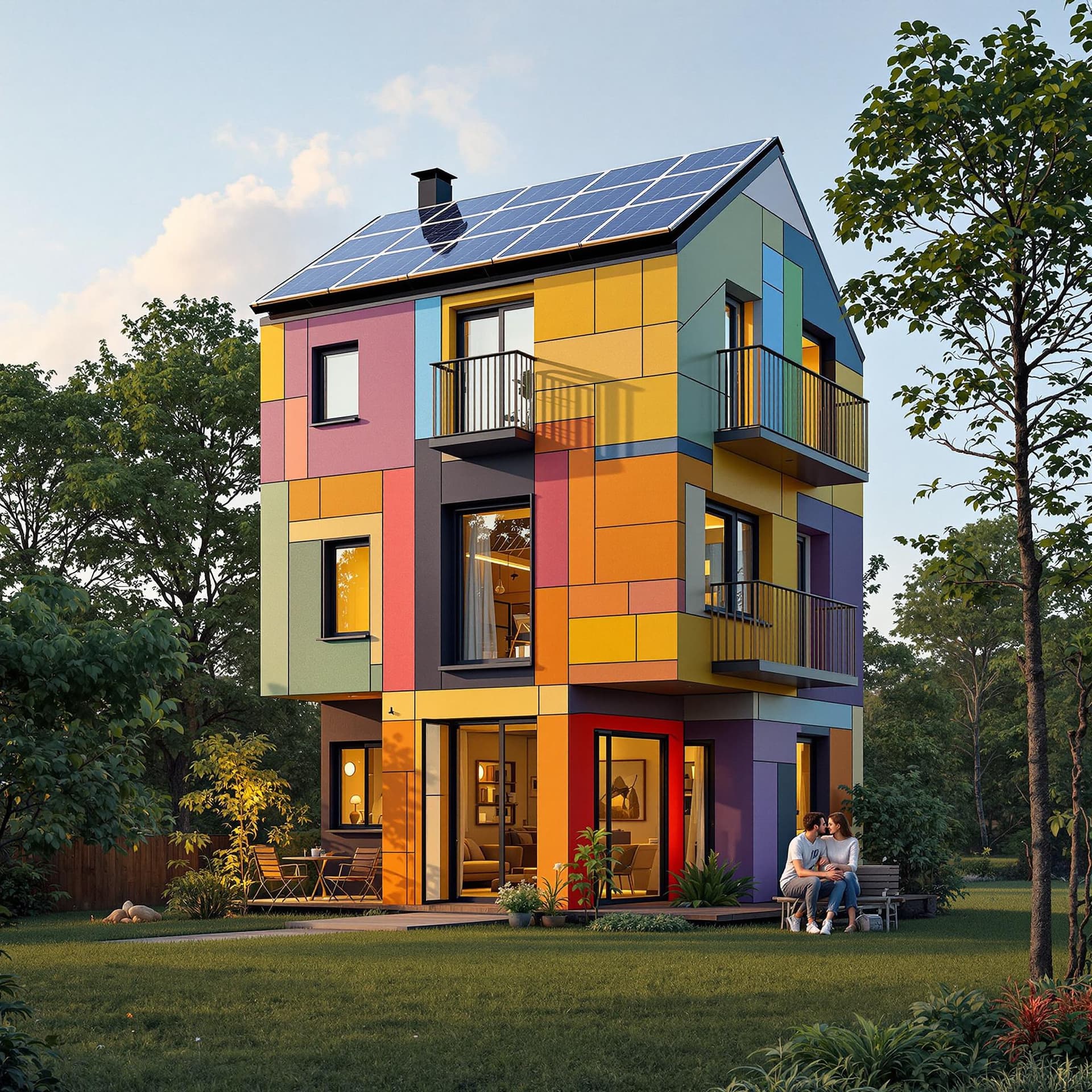 AI generated: A tall, colourfull, cubic tiny house, with a solar panel roof, windows and balkonies of various size...