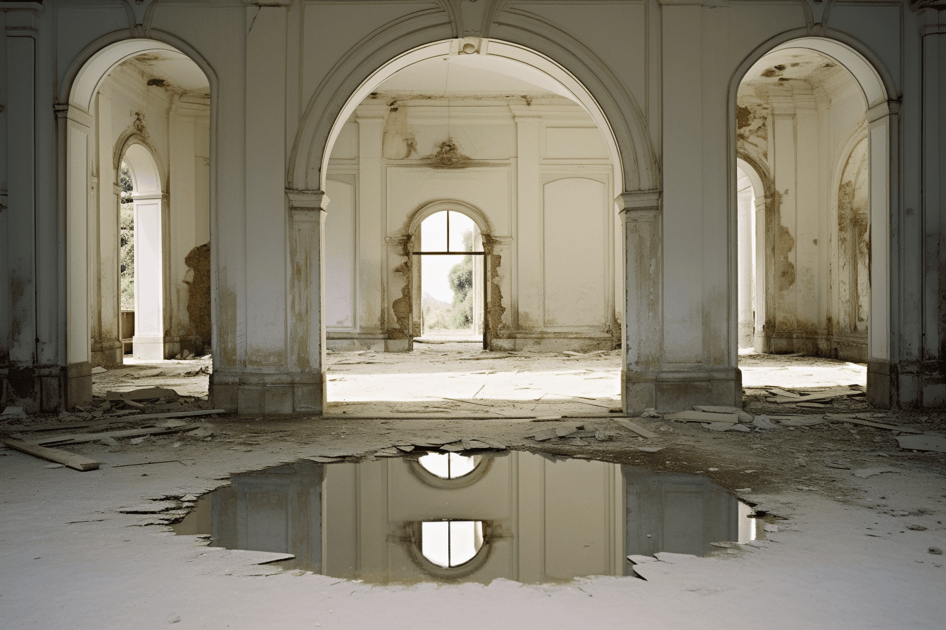 AI generated: abandoned circular room with a mirror in the middle, 35mm photography in the style of Simon Latching...