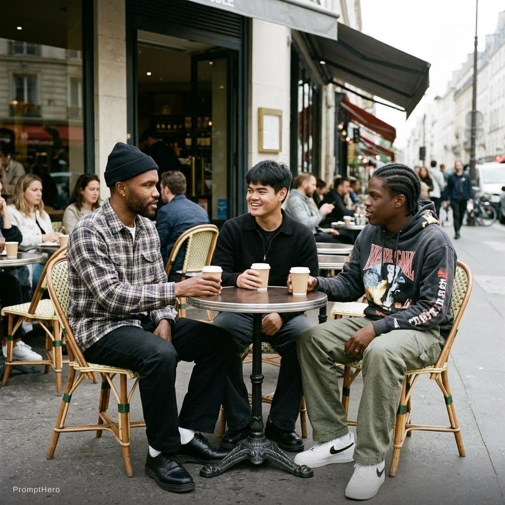 AI generated: with frank ocean and daniel ceaser in front of a cafe sitting next to each other in a chair