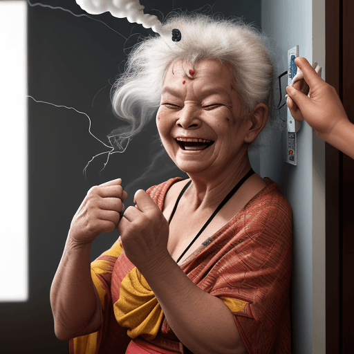 AI generated: a 70 year old  woman wearing a traditional dress and sarong was touching an electrical switch on the...