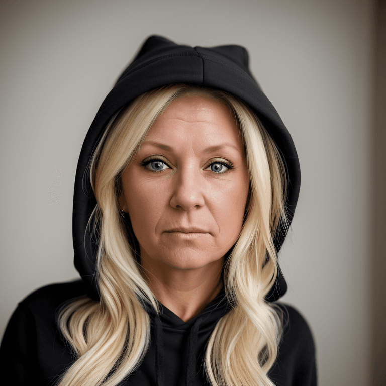AI generated: hyper realistic headshot photo of a 45 year old woman, wearing a black hoodie, blonde long hair,  lo...
