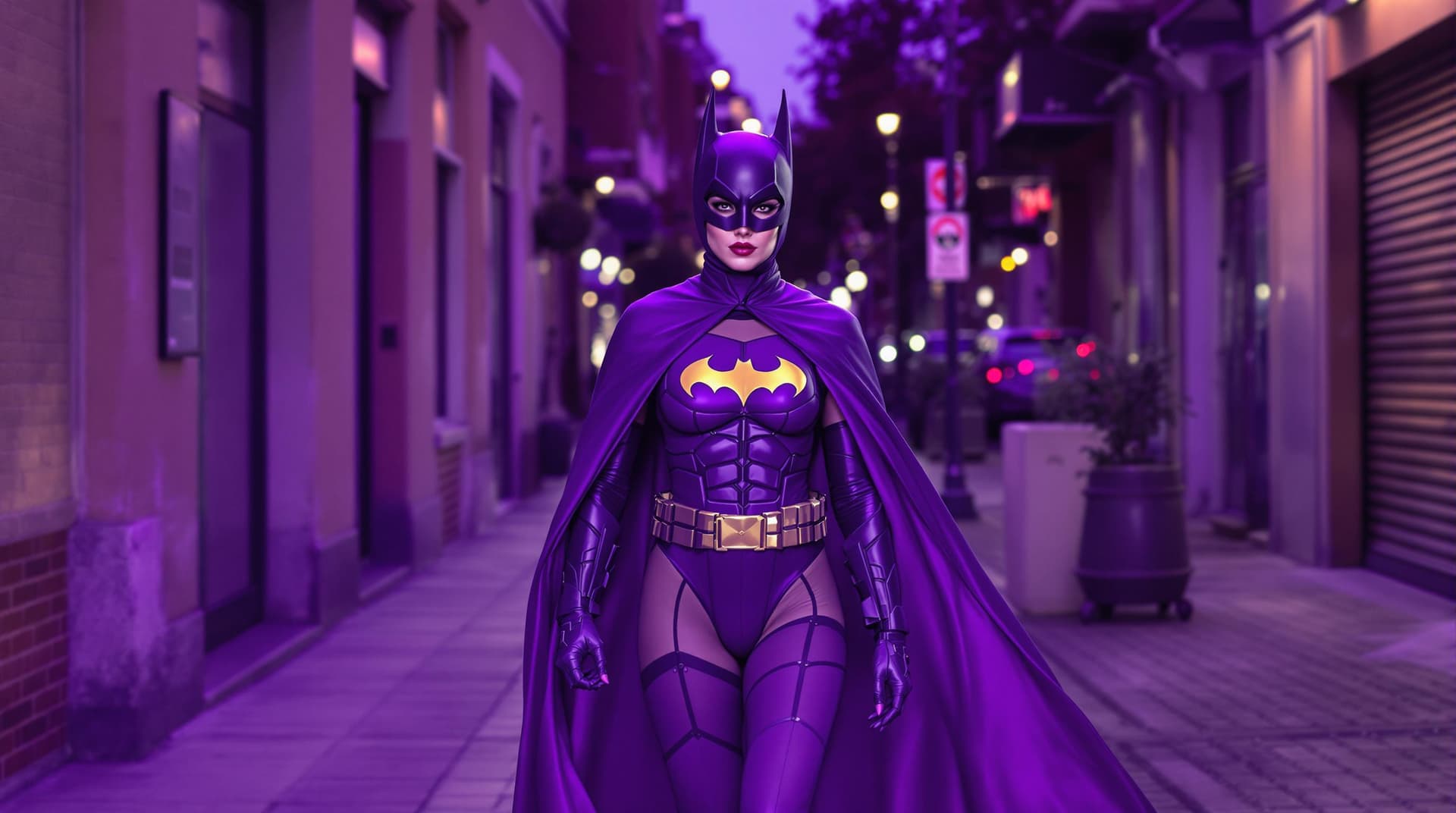 AI generated: a woman dressed in a batman costume walking down a street, Barbara Nessim, superflat, purple, a colo...