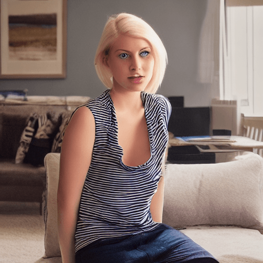AI generated: A 25 year old girl, short hair, blonde, blue eyes. Wearing a striped sleeveless shirt, without bra. ...