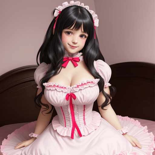 AI generated: Swwet sissy boy with large breasts in a very frilly, flouncy dress, her long dark hair in ribbons, l...