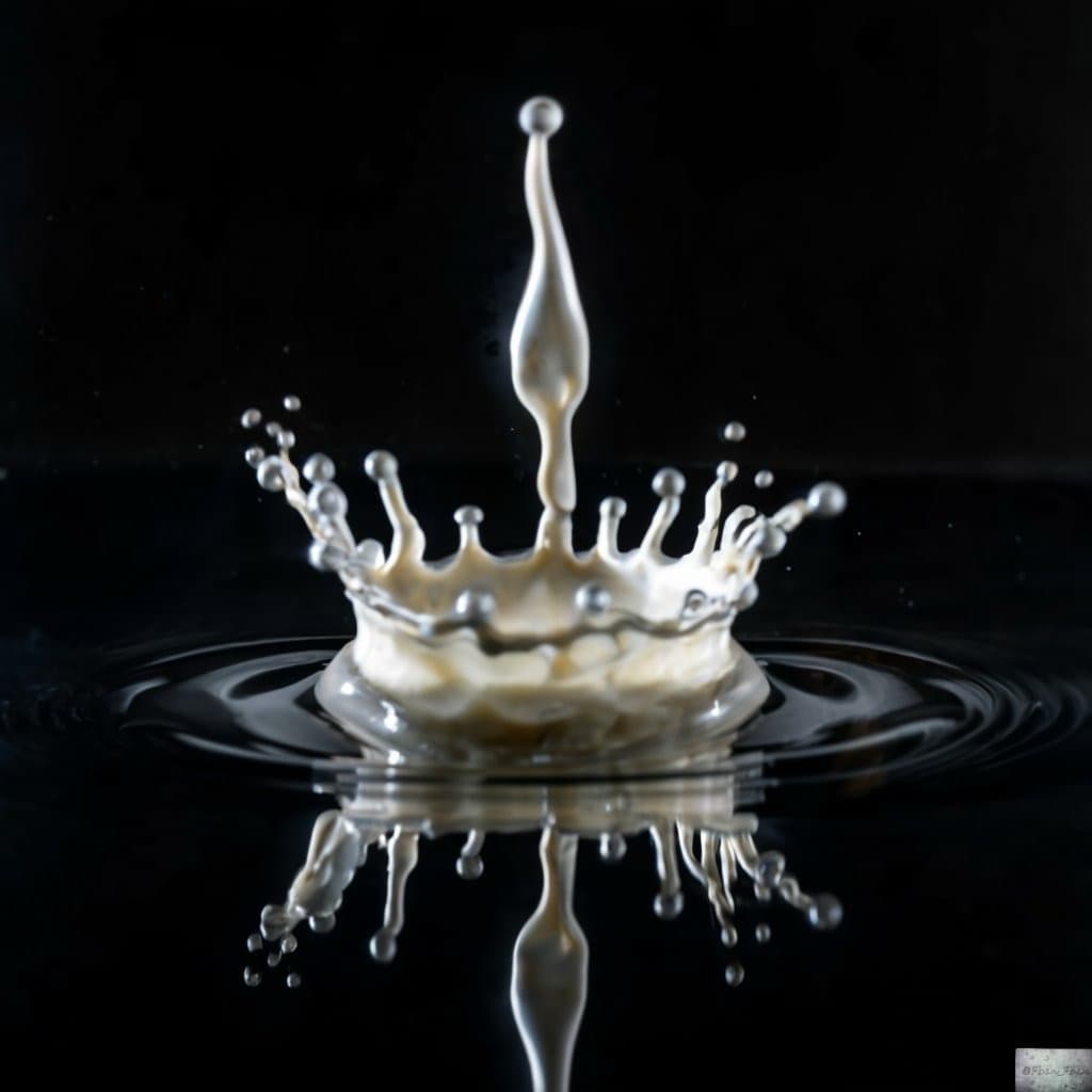 AI generated: high speed photography of a drop of milk falling on a black mirror ground whose splash forms a crown...