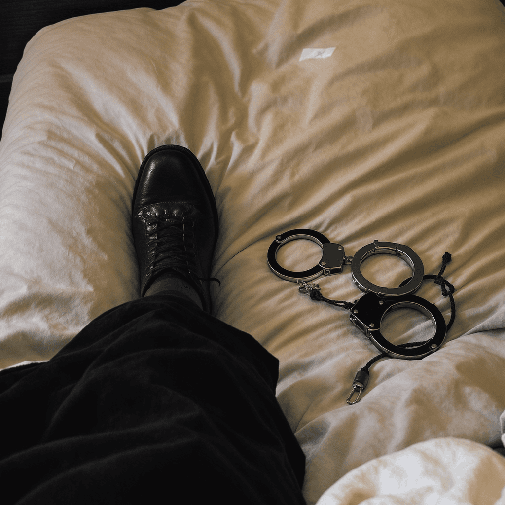 AI generated: On the bed beside her, you see a black leather flugger and Handcuffs