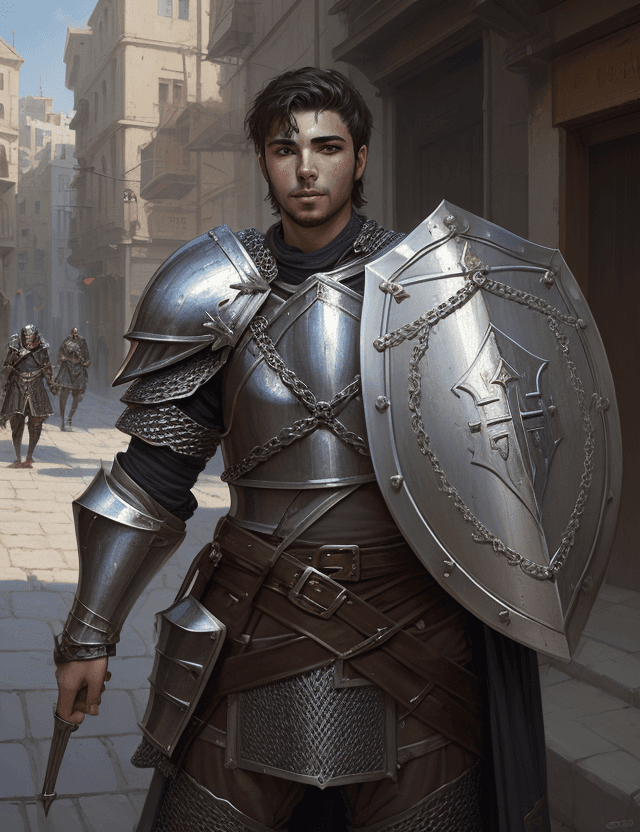 AI generated: young greek male cleric, with shield and chainmail armor, in city street, with friendly face, by Gre...