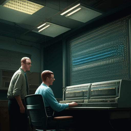 AI generated: Hyper realistic eye level interior colorized photo of a mid century Eniac Computer and working men, ...