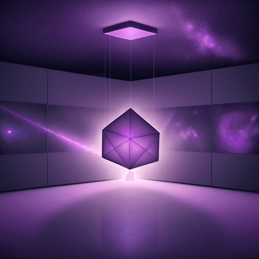 AI generated: In a room lit with purple color, the walls are purple. In this room, there is a purple cube hanging ...