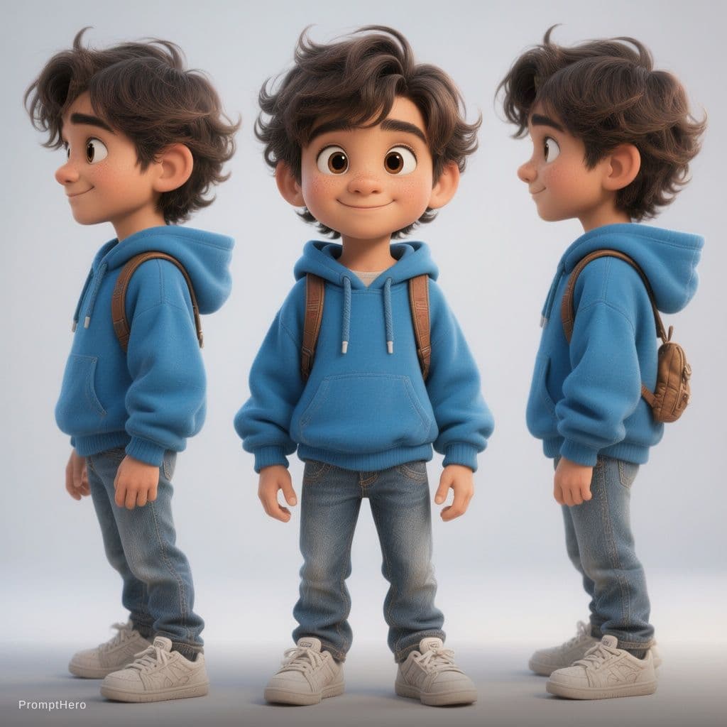 AI generated: Mateo, an 8-year-old Pixar-style boy, messy dark brown wavy hair, big expressive brown eyes, soft ta...