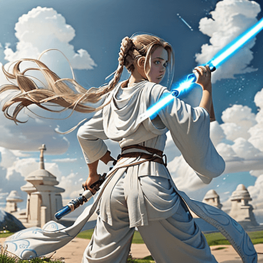 AI generated: A young female Jedi Padawan, dressed in a traditional white Jedi tunic and pants, training on the sa...