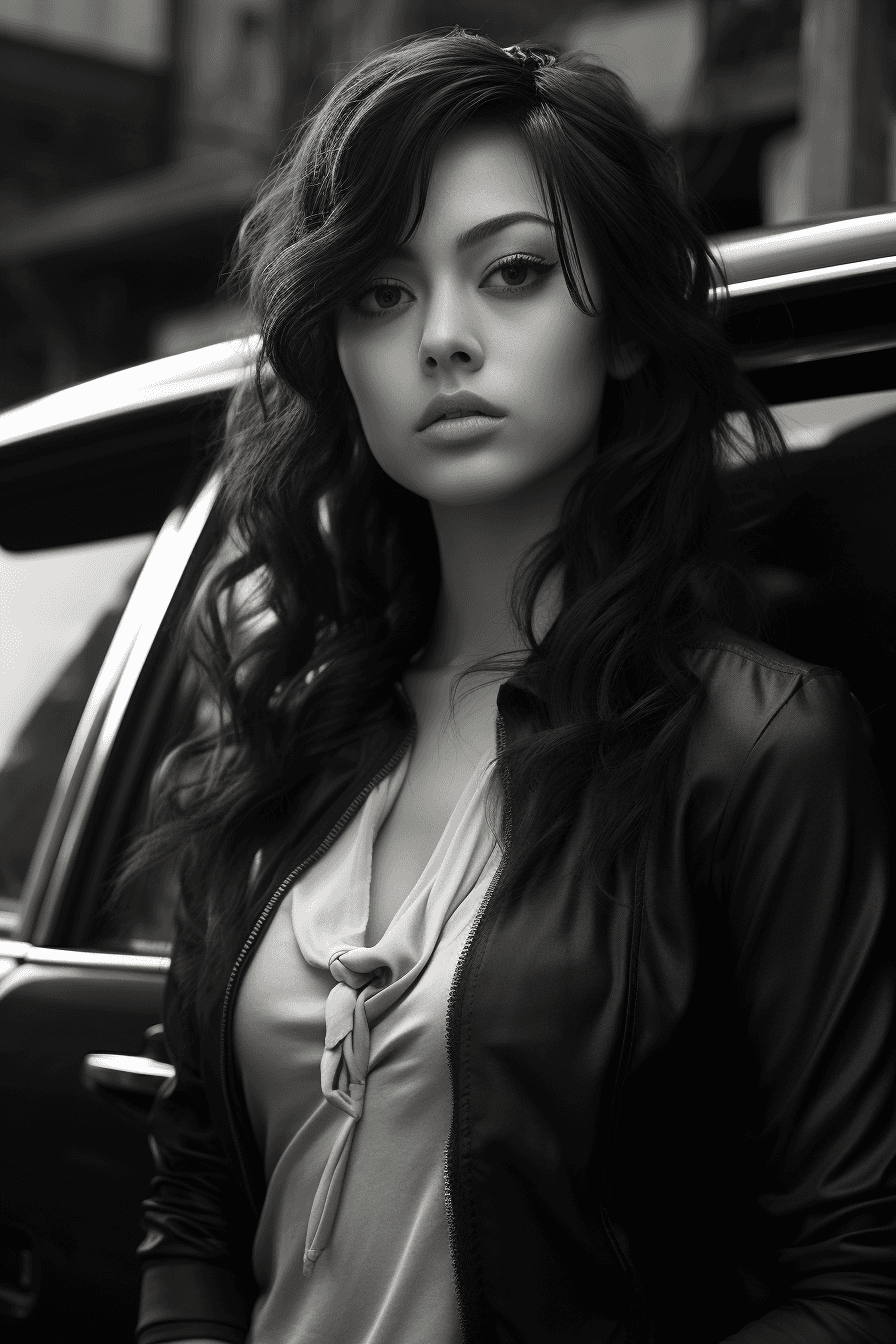 AI generated: a young lady is posing in front of a vehicle, in the style of black and white realism, gloomy metrop...
