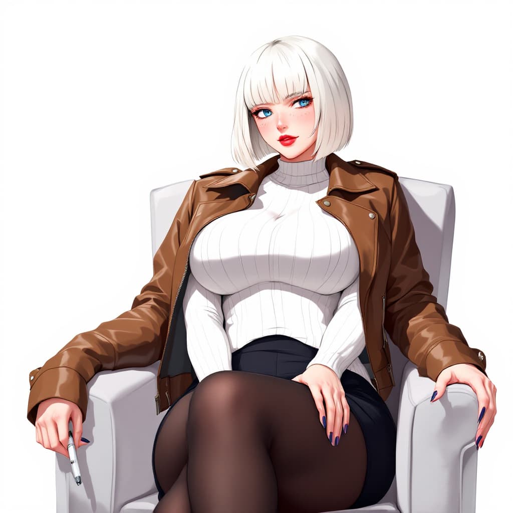 AI generated: anime, woman, white hair, bob cut, blue eyes, freckles, red lips, closed lips, white sweater, tight ...
