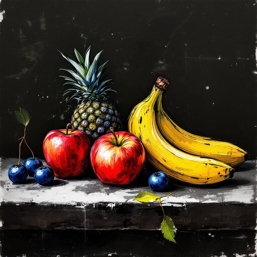 AI generated: A still life with fruits in Charcoal style, with apple red and banana yellow smudged lines --style r...
