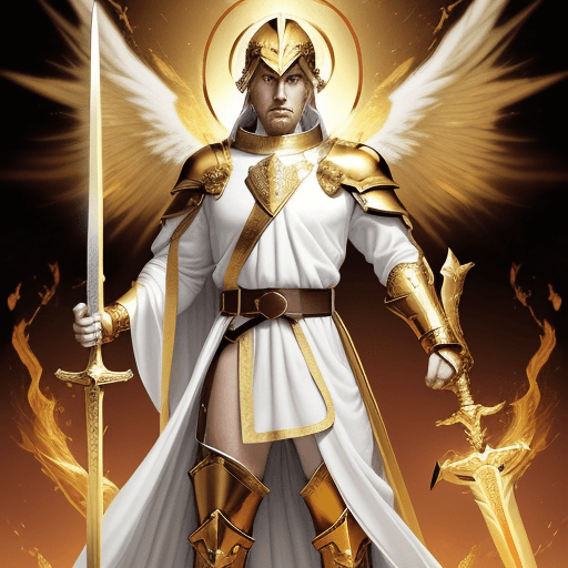AI generated: A mighty angel with a golden sword in his right hand and a shield in his left hand and his eyes were...
