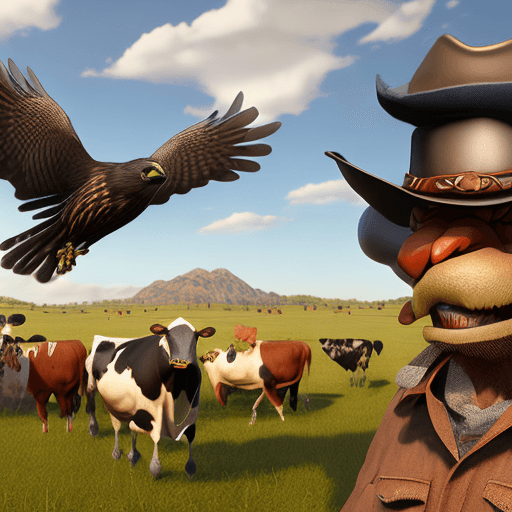AI generated: A captivating 3D rendering of a lively ranch scene, with the upbeat animated falcon mascot, Nighthaw...