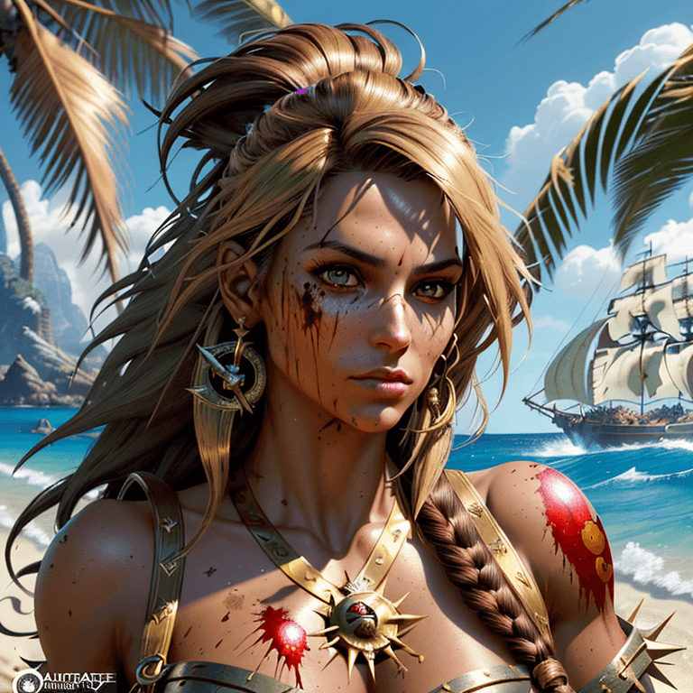 AI generated: portrait of the most beautiful gorgeous stunning  powerful female pirate female, gold,  island tropi...