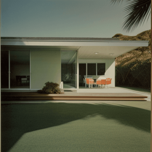 AI generated: Hyper realistic eye level exterior photo of a mid century modern style house overlooking the ocean, ...