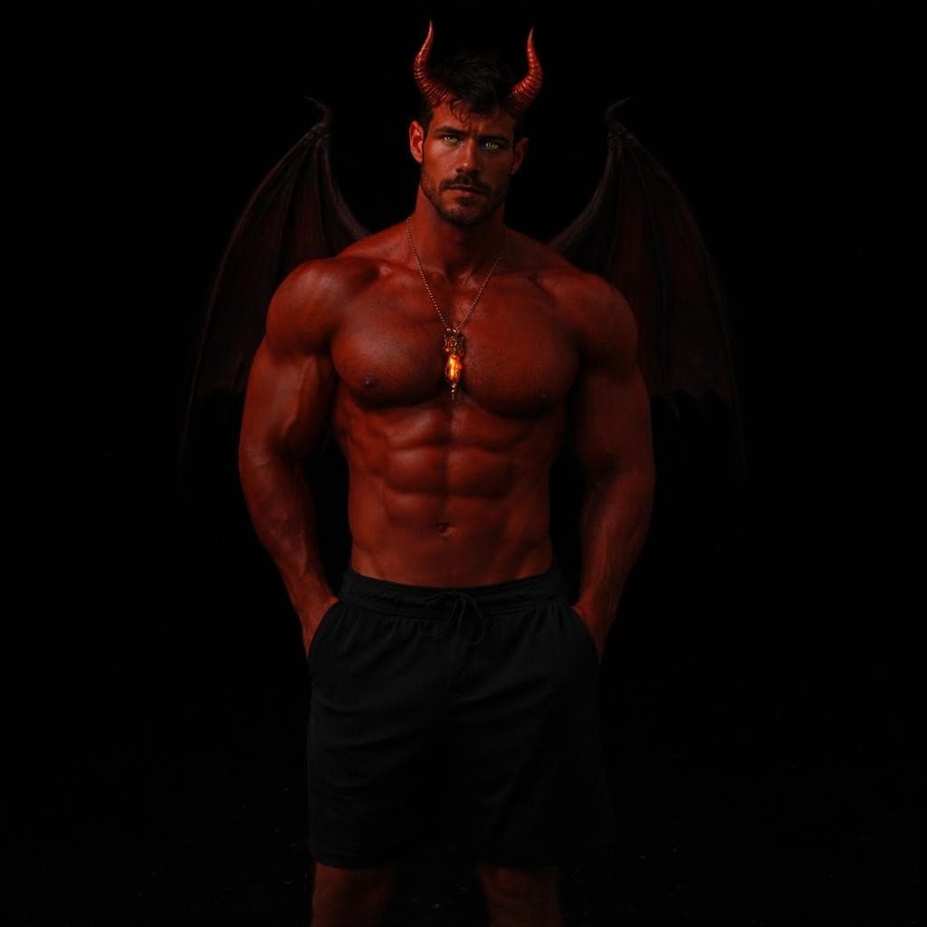 AI generated: make this man into a devil wearing no shirt and black short shorts standing in an endless black void...