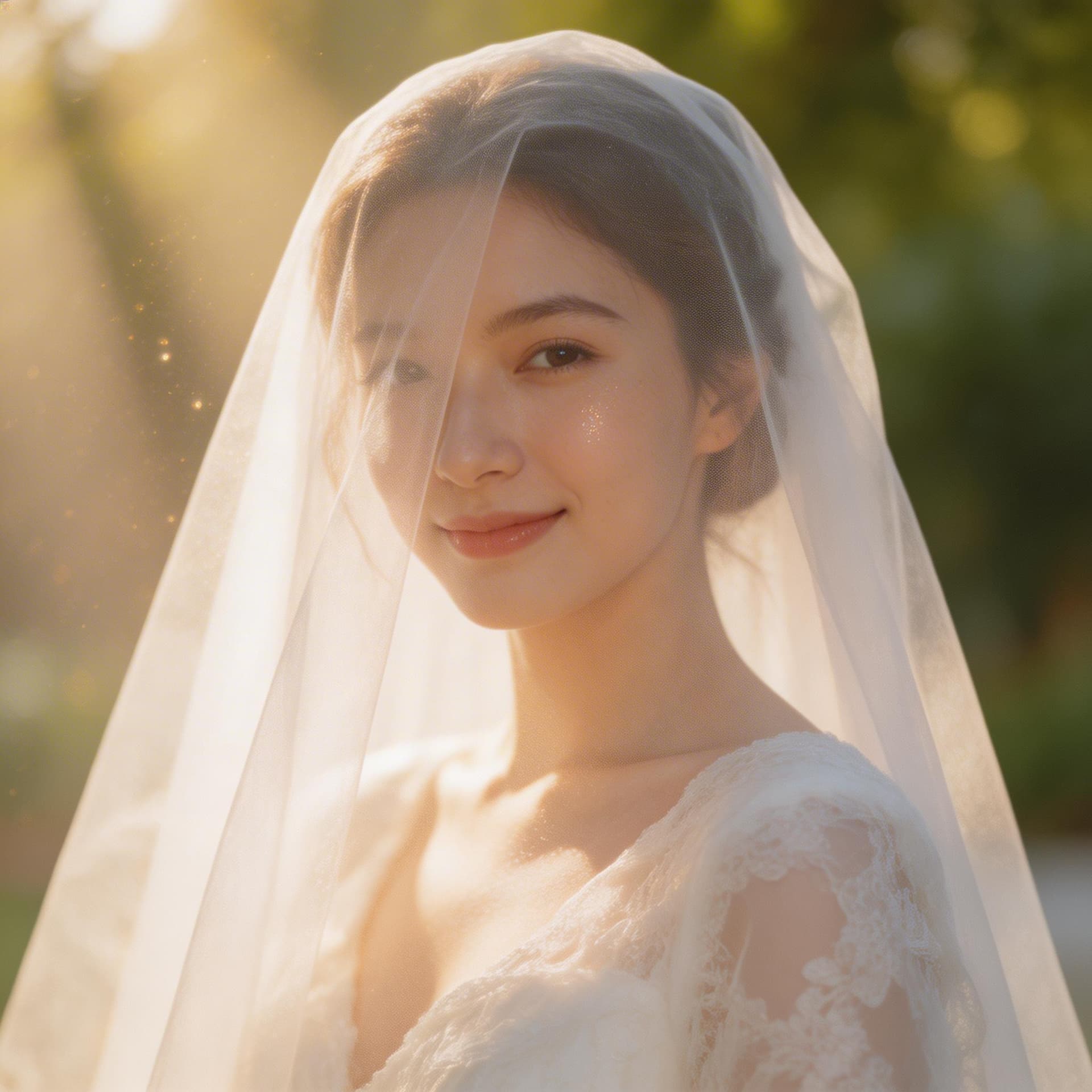 AI generated: a dreamy bride in a white gown, translucent veil softly covering half of her face, glowing skin, sof...