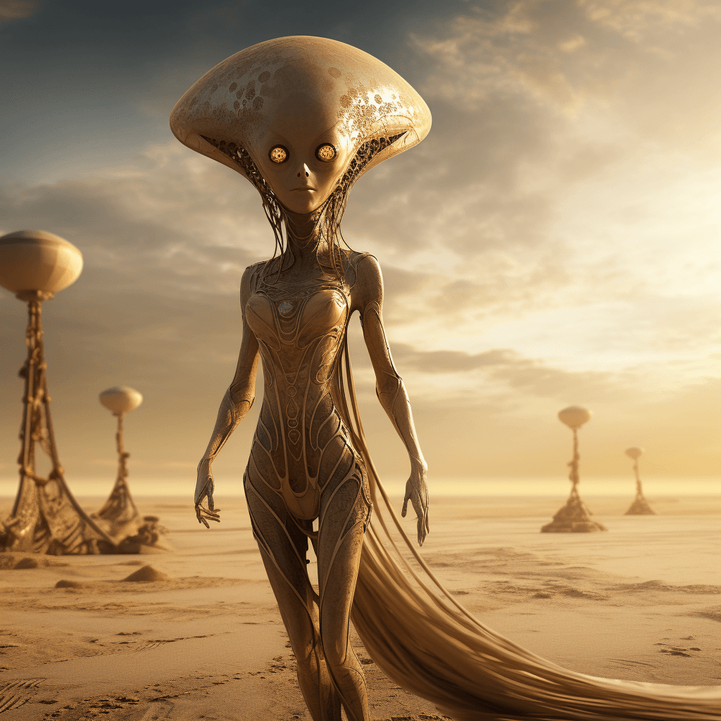 AI generated: full body of alien shaped like woman, big golden eyes, mars planet, photo, digital art, fantasy --v ...