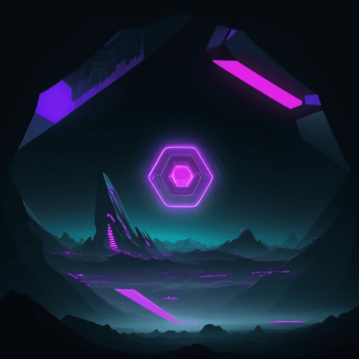 AI generated: A large hexagon outline hovers on an alien landscape. Neon, cyberpunk, scifi, dark, dreamy