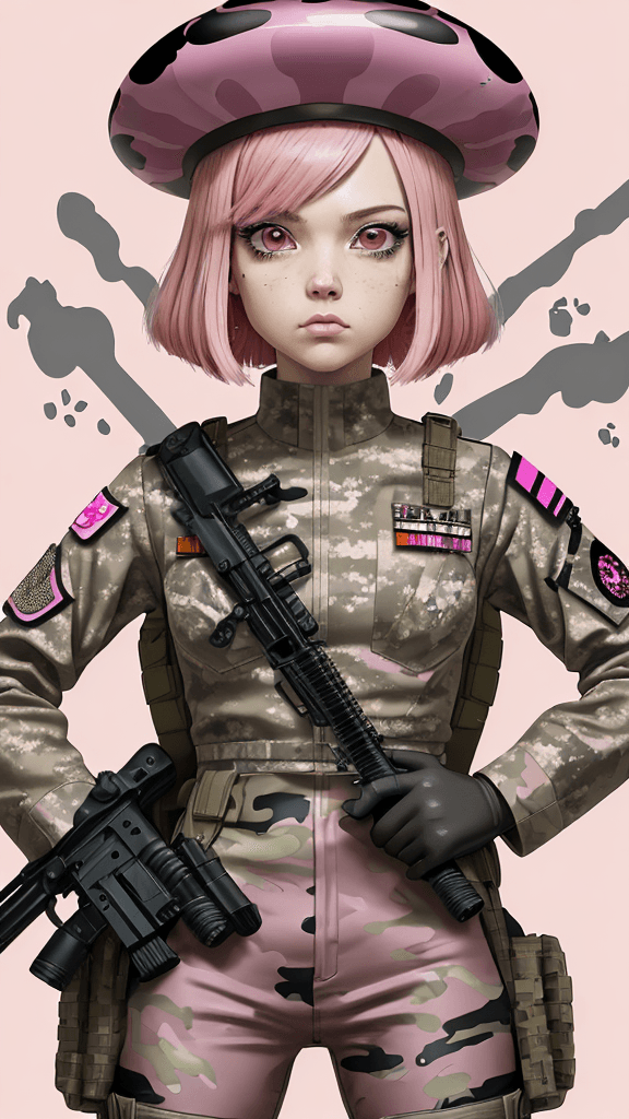 AI generated: in a funky army background portrait of little mushroom woman, pink hair, wearing army attire, holdin...