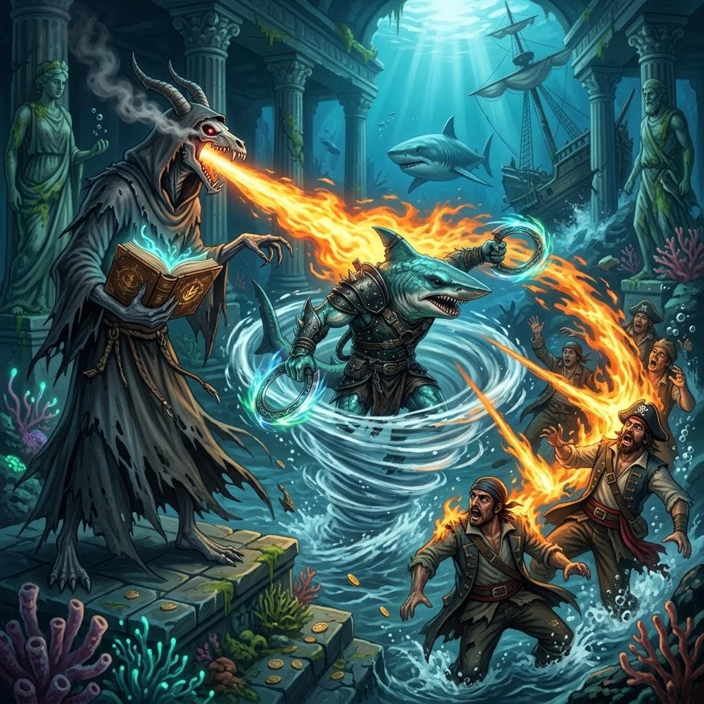AI generated: a tall thin animal skulled man wearing a hooded robe and holding a tome blasts fire into two magical...