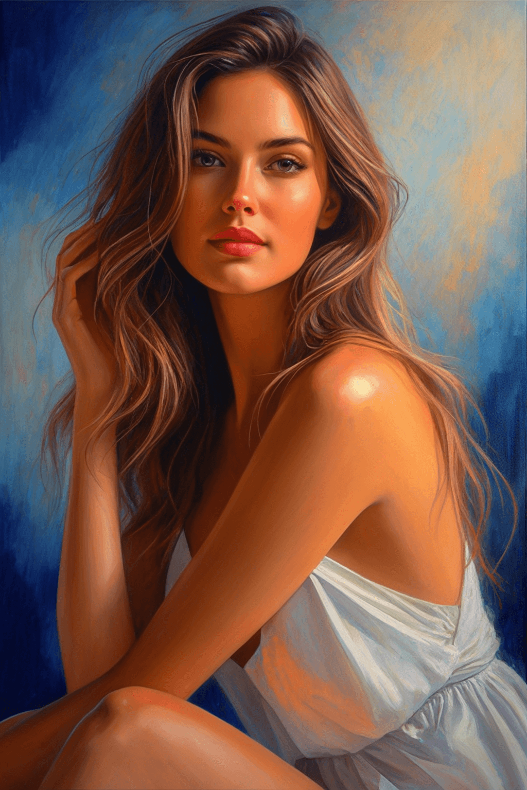 AI generated: A portrait of a young beautiful girl, smiling, Asymmetrical Cut hair style, fall dress, outdoor view...