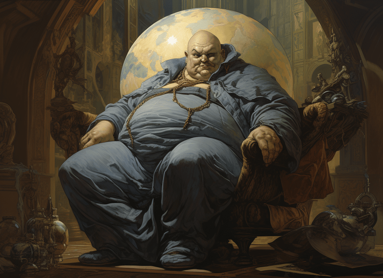 AI generated: A fat man sitting in an armchair holding up the earth ball, in the style of Jean Giraud Moebius and ...