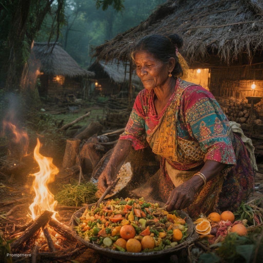 AI generated: Tribal village where farmer do farming , children also help us ladies r collect wood and vegetables ...