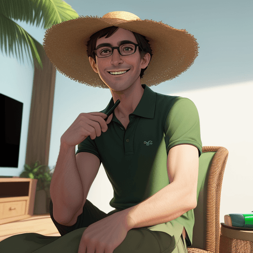 AI generated: A men, without beard, whithout shadow, short hair, black glasses, straw hat,  wearing a  green polo ...