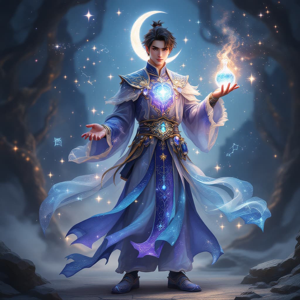AI generated: A young male alchemist in a Chinese fantasy setting, dressed in an elegant robe adorned with glowing...