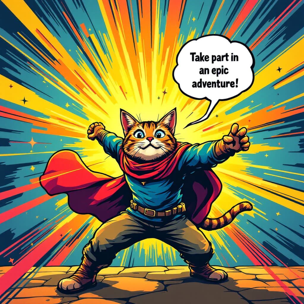 AI generated: Create a vibrant comic banner with rich colors and dynamic action lines. Create a comic-style cat he...