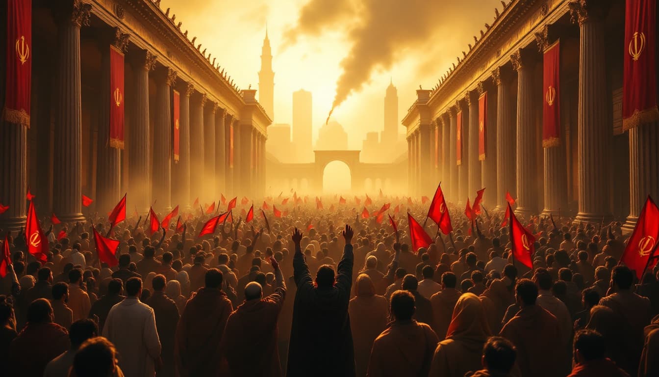 AI generated: Subject: A massive crowd of iranian  people, predominantly male, wearing earth-toned tunics and robe...