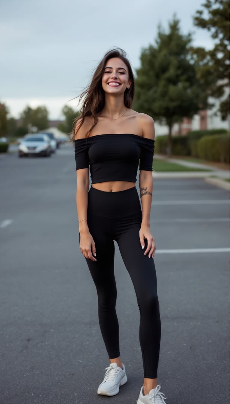 AI generated: My own girlfriend wearing a black off the shoulder top, yoga pants, sneakers, happy. parking lot bac...
