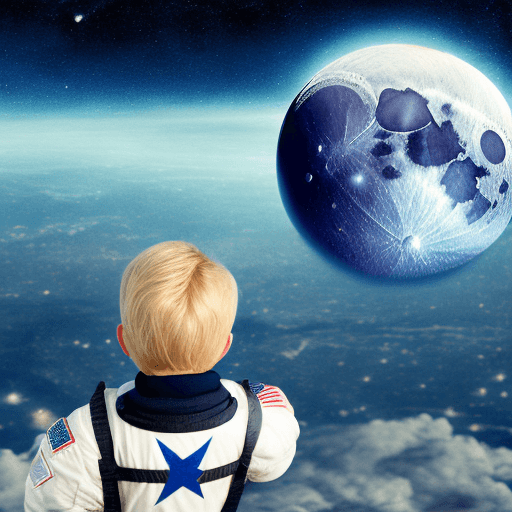 AI generated: a photograph of a boy from behind, blonde, flying in space and looking down on the moon from space, ...