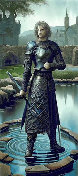 AI generated: Black Knight standing next to 5 Large Swords in stone, Celtic Knot, bleeding head, blood in pond, by...