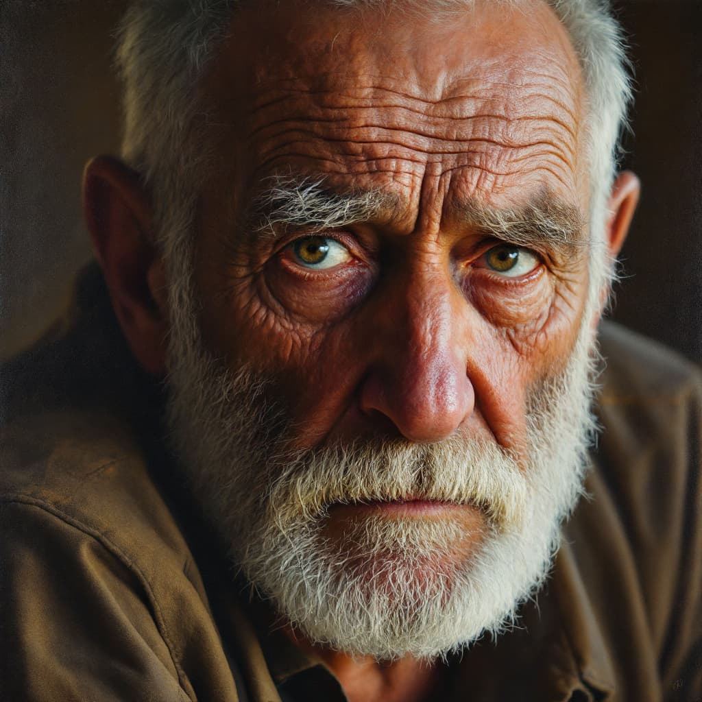 AI generated: Portrait view, oil painting style, 69 year old man, with sad eyes, looking around, short white hair ...