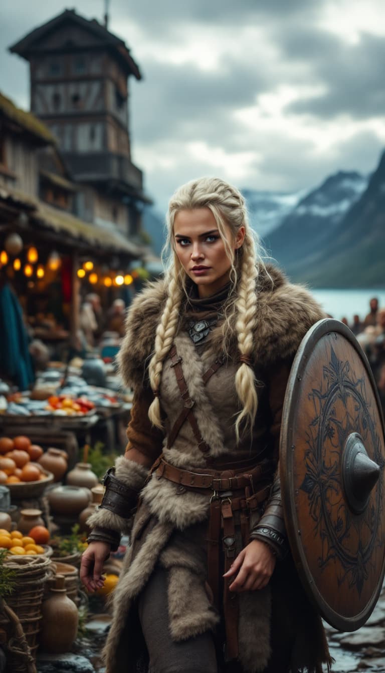 AI generated: A Viking warrior woman with platinum blonde braids tied with leather cords, dressed in fur-lined arm...