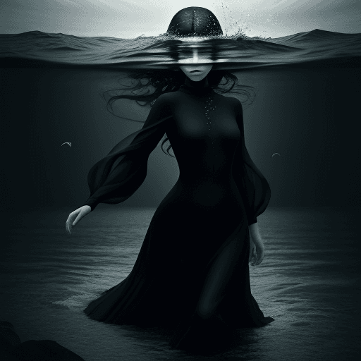 AI generated: woman in black walking in the water, in the style of ethereal escapism, elegant, emotive faces, mela...