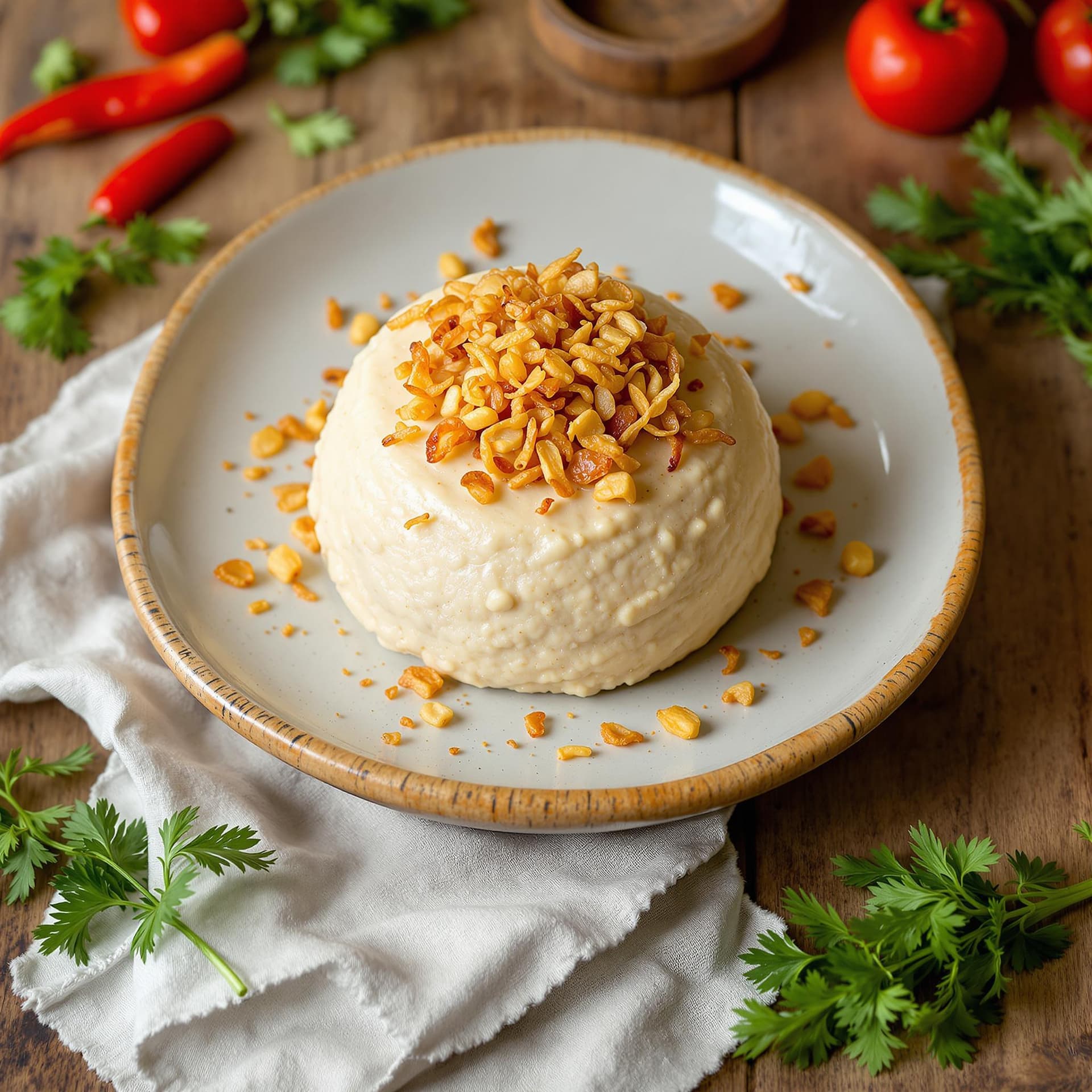 AI generated: Visually stunning and mouthwatering photograph of a beautifully presented white bean purée. A sphere...