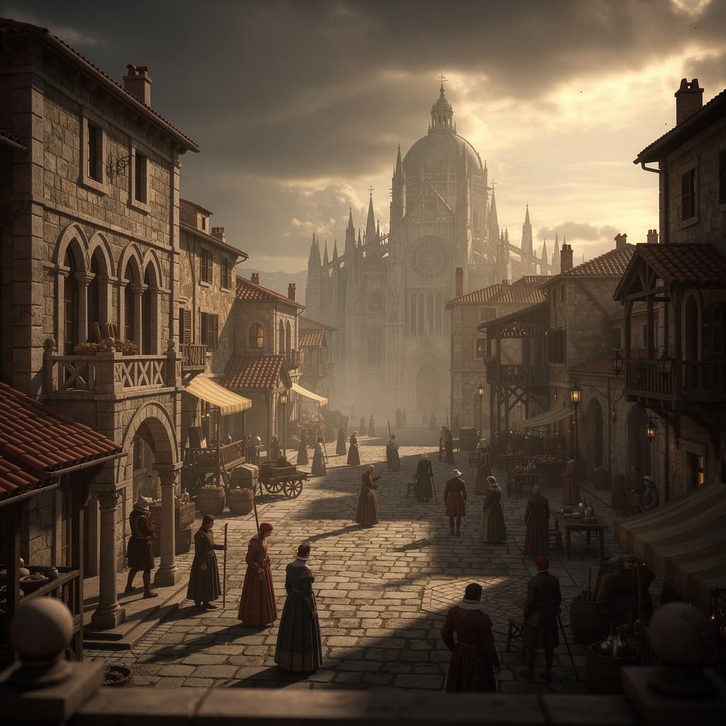 AI generated: cinematic ancient Europe background, renaissance atmosphere, dramatic lighting, 16:9, ultra realisti...